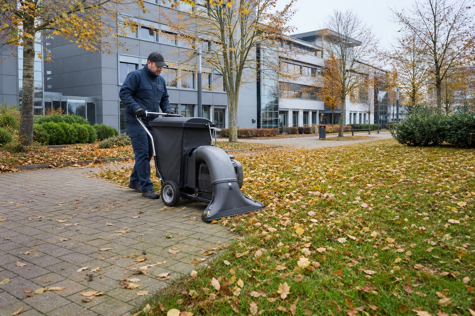 Professionelle Laubpflege auf einer größeren gewerblichen Außenanlage