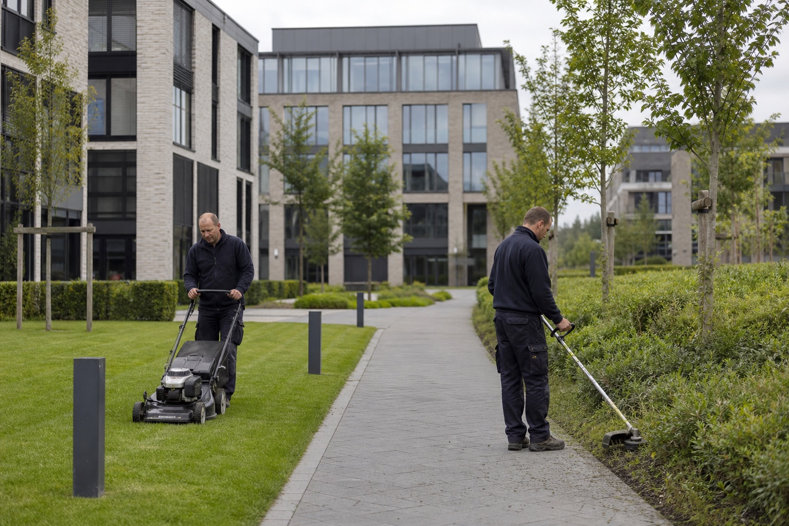 Fachkräfte bei der Pflege einer größeren professionellen Außenanlage