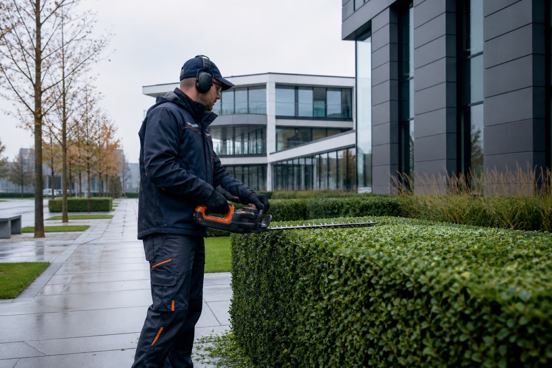 Mitarbeiter bei der Pflege einer gewerblichen Außenanlage