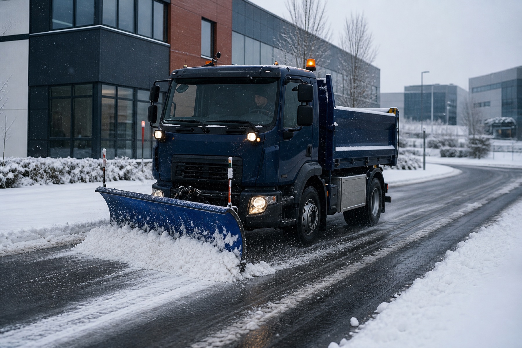 Geschlossenes Winterdienstfahrzeug mit Schneeschild bei einem Räumeinsatz