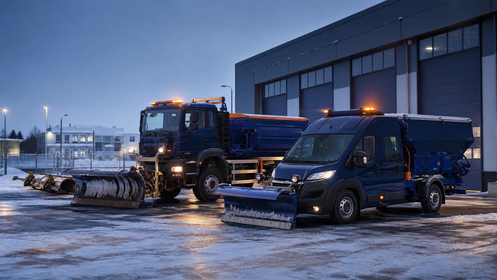 Ungebrandete Winterdienstfahrzeuge und Räumtechnik in einem gewerblichen Betriebshof