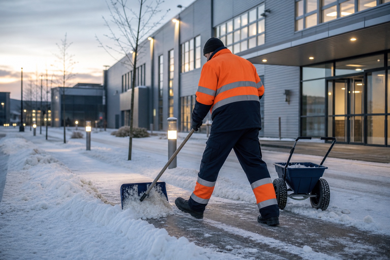 Fiktiver Winterdienstmitarbeiter bei manuellen Räumarbeiten auf einer gewerblichen Zugangsfläche